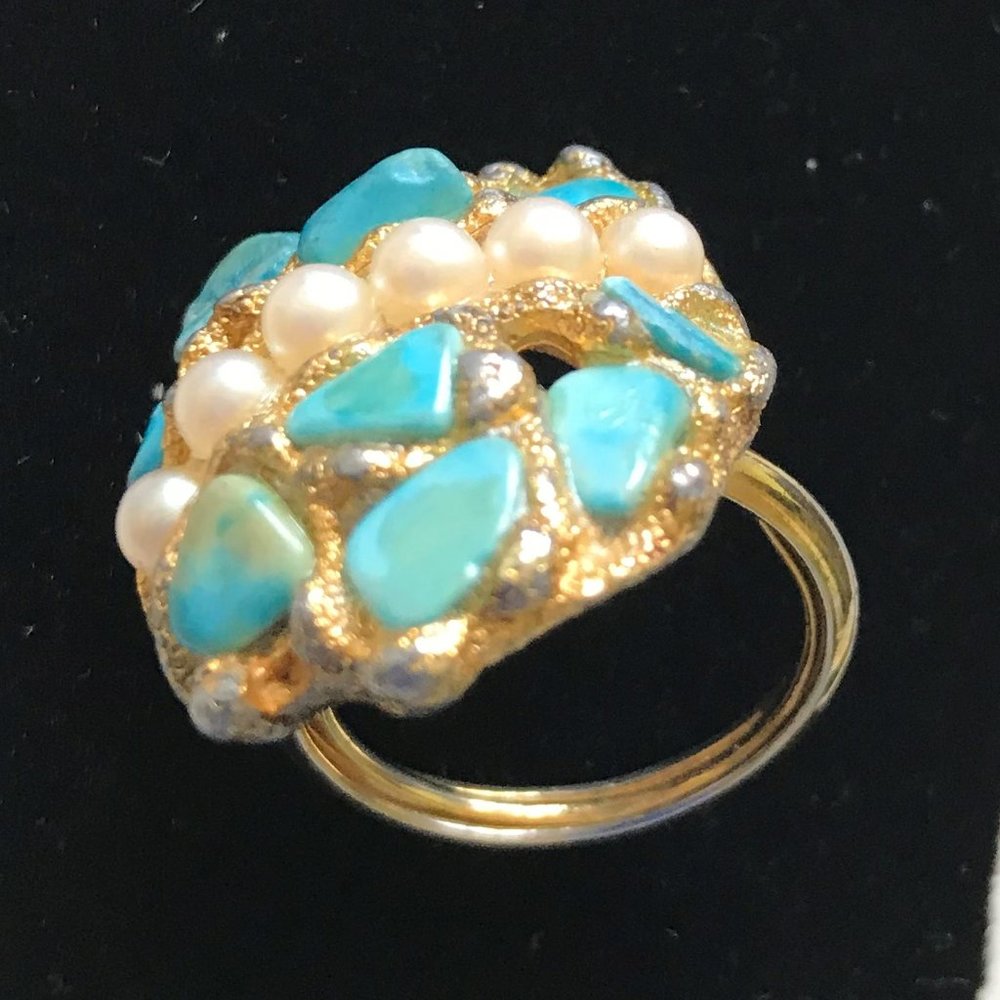 Turquoise & Pearl Gold Plate Ring - Size 8-1/2 - FREE with $30 purchase